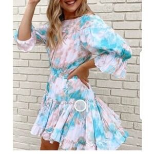 NWT Vestique Sz L Kailey Tie Dye Mini Dress Tiered Beachy Boho‎ Resort Vacation